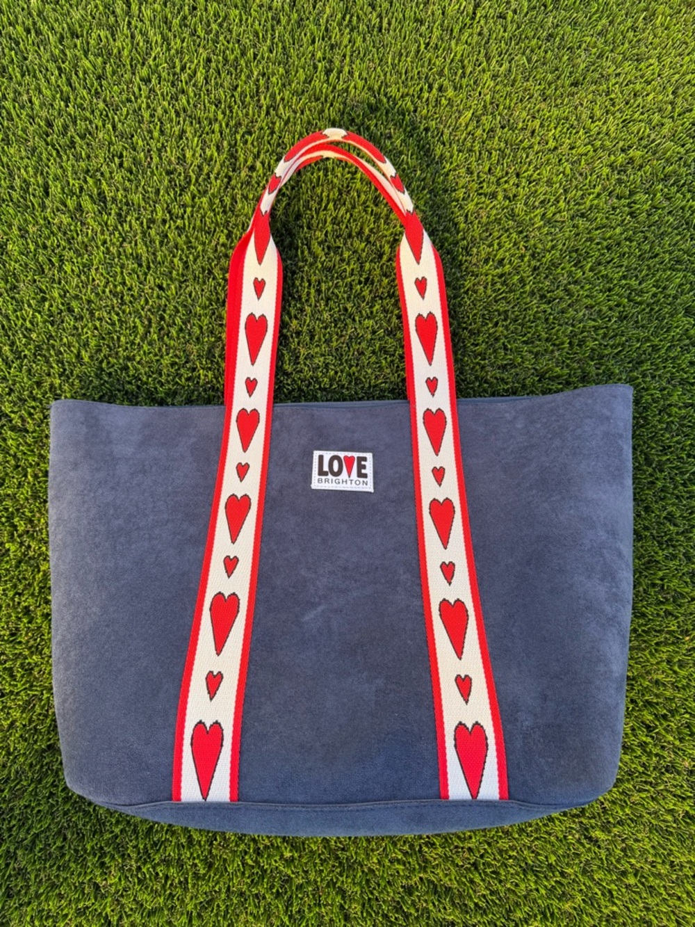 Brighton Navy Suede Tote with Red and Cream Heart Straps